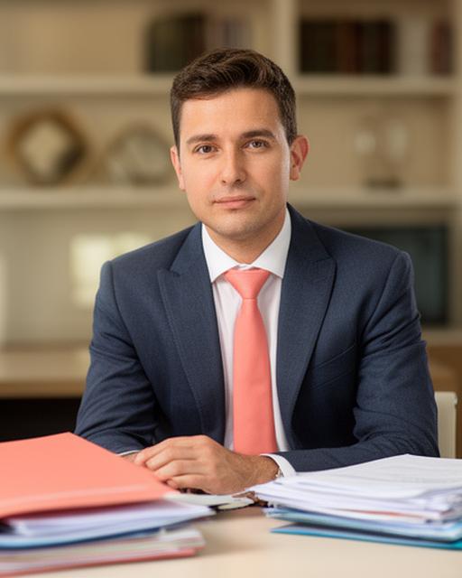 Dr. Max Mustermann im Kanzleibüro mit Aktenmappe und konzentriertem Blick auf einem modernen Arbeitsplatz